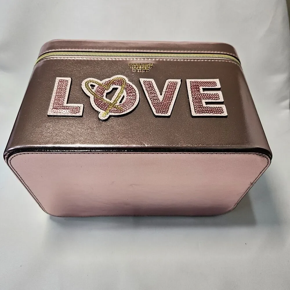 Victoria's Secret Love Runway Vanity Case Metallic Pink Sequin Makeup Cosmetic